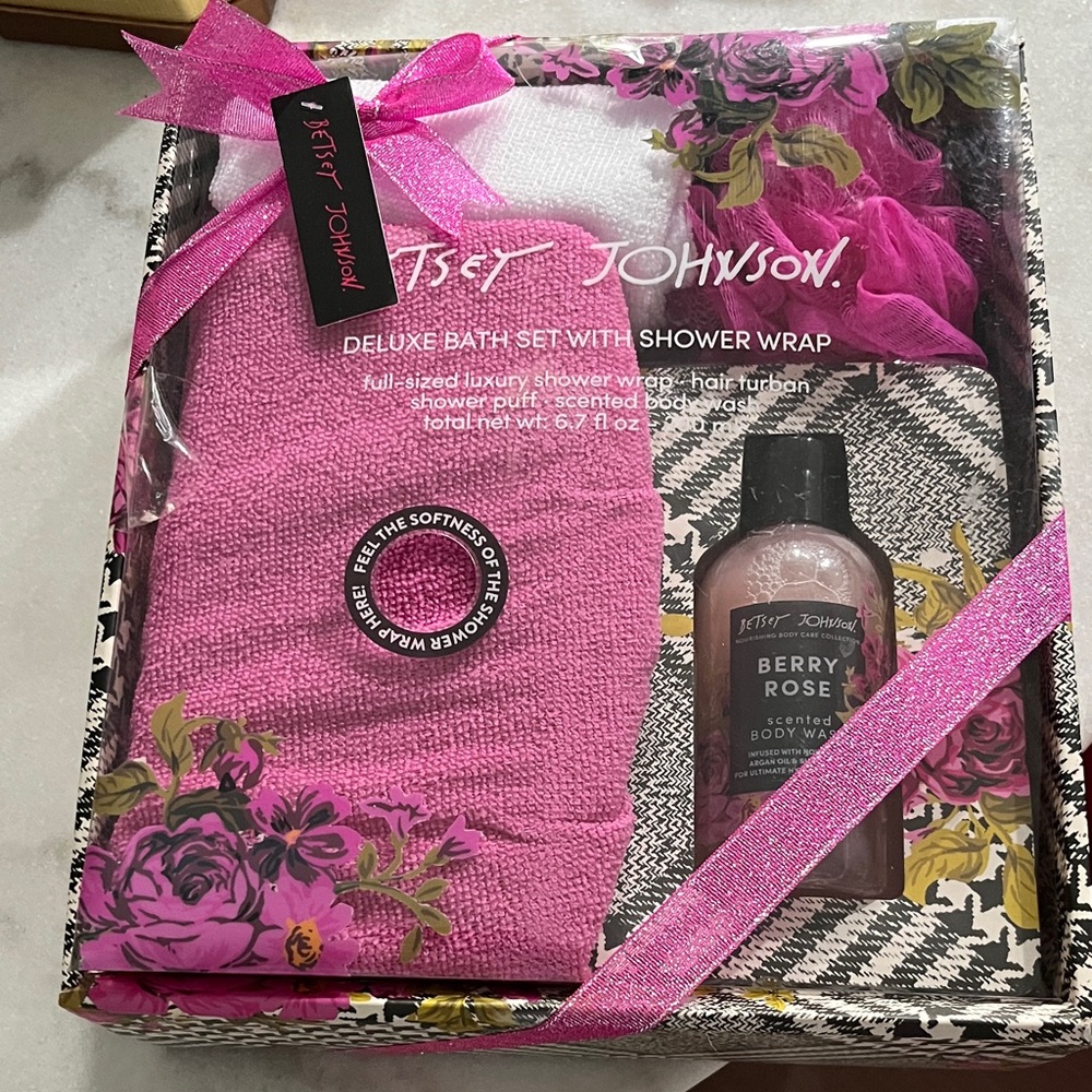 Betsey Johnson Pink and Black Bath Set with Berry Rose Body Wash